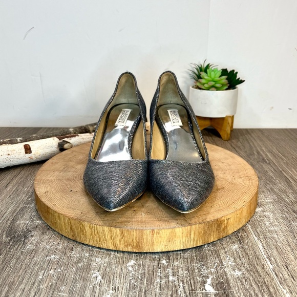 *Badgley Mischka | Silver Metallic Fabric Pumps with Jeweled Heels Size 9.5 - Picture 5 of 16